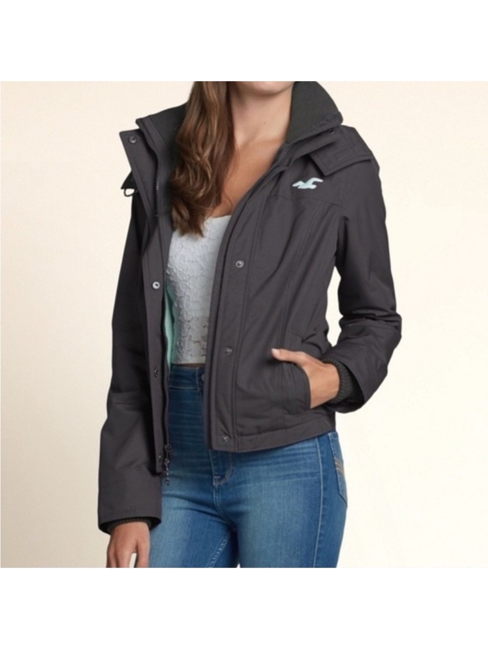 Hollister All-Weather Hooded Black Jacket Women’s Size Small Cozy Versatile